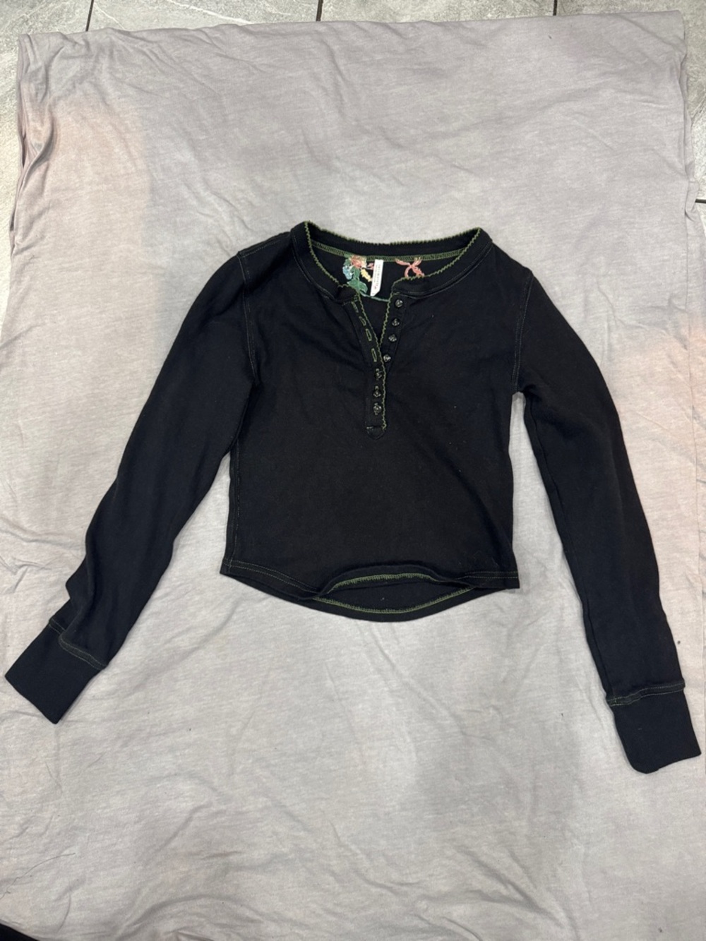 Long-Sleeve Black Henley Top with Contrast Stitching